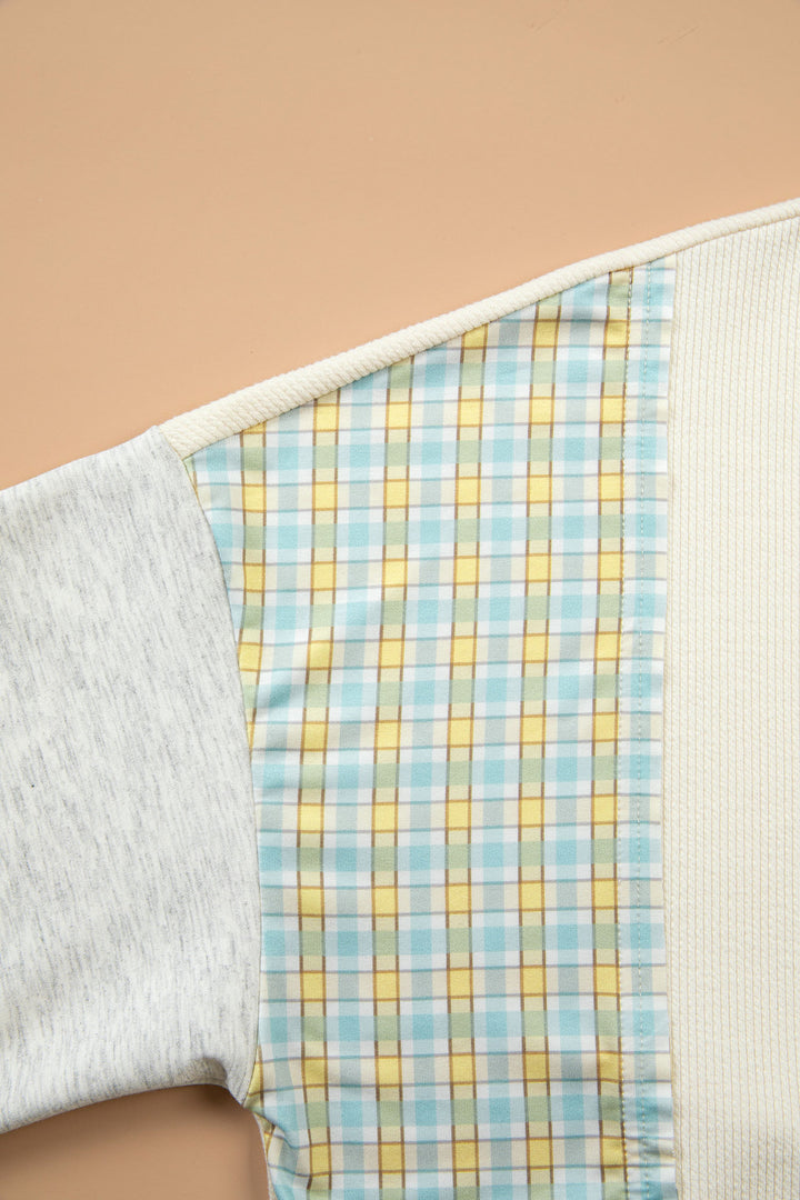 Light Blue Plaid Patchwork Round Neck Long Sleeve Top