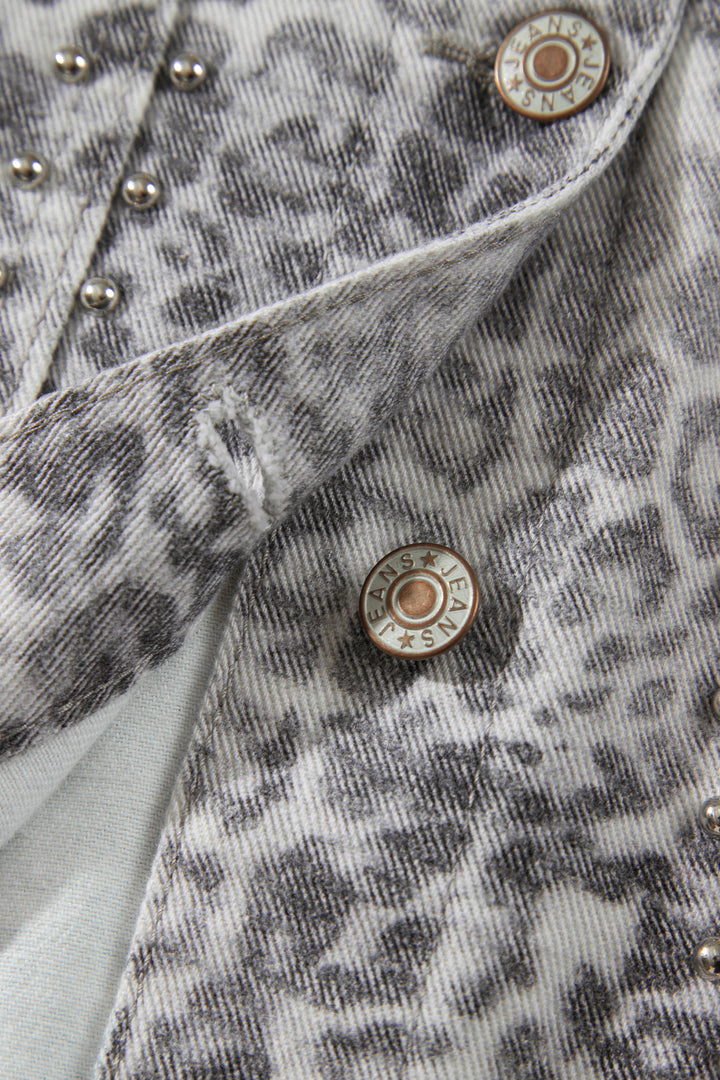 Khaki Leopard Print Studded Collar Studded Patch Pocket Denim Jacket