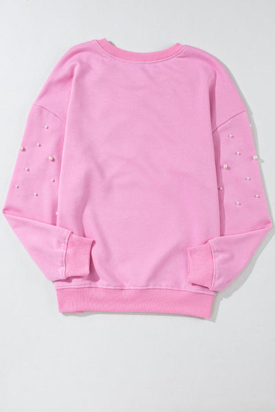 Bonbon Pearl Detail Ribbed Crew Neck Sweatshirt