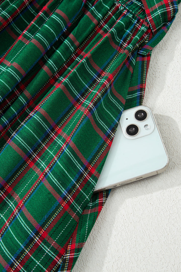 Green Tartan Plaid Square Neck Puff Sleeve Knot Waist Flared Midi Dress