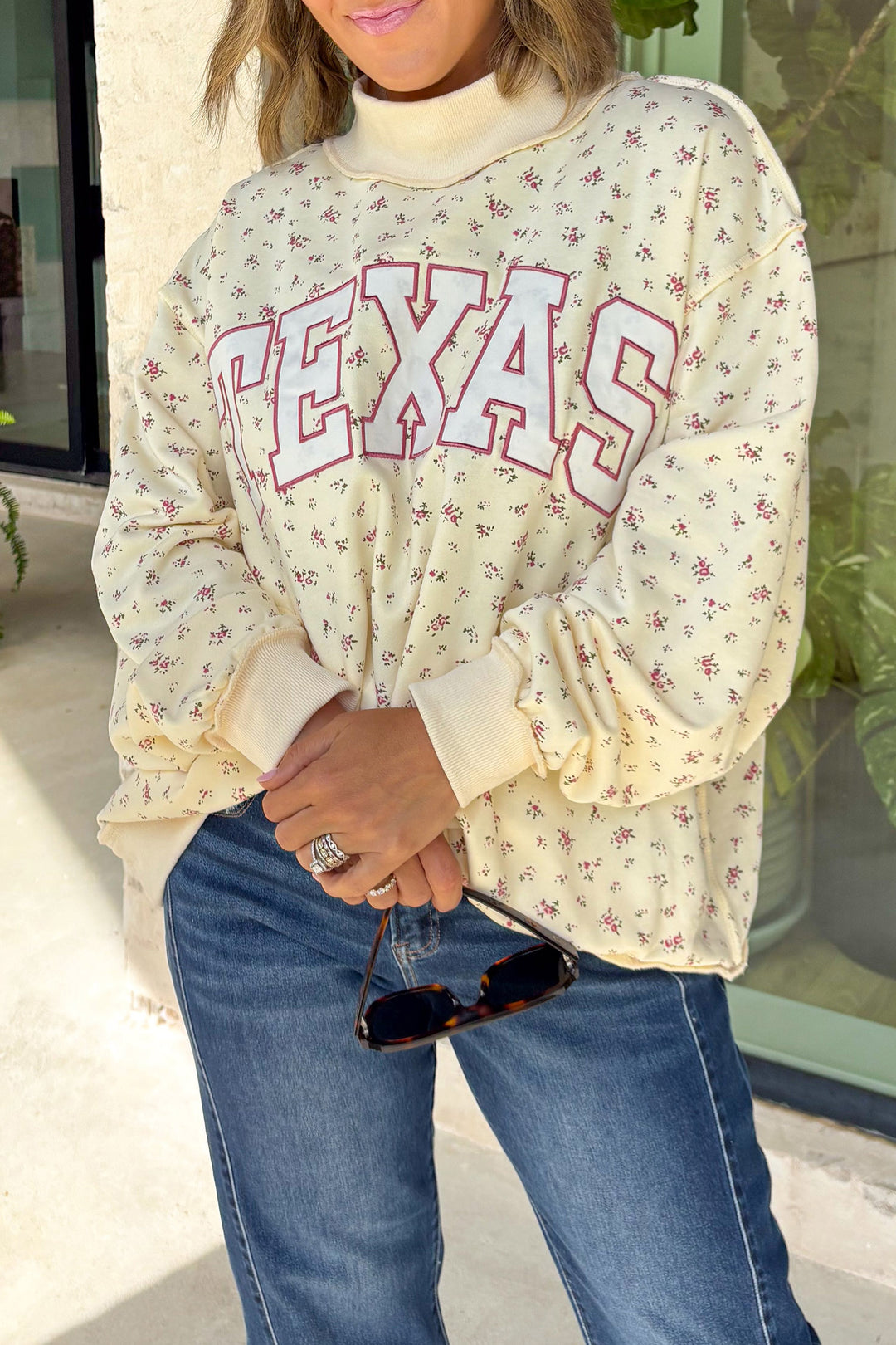 Beige Floral Print Stand Neck Long Sleeve Slogan Sweatshirt