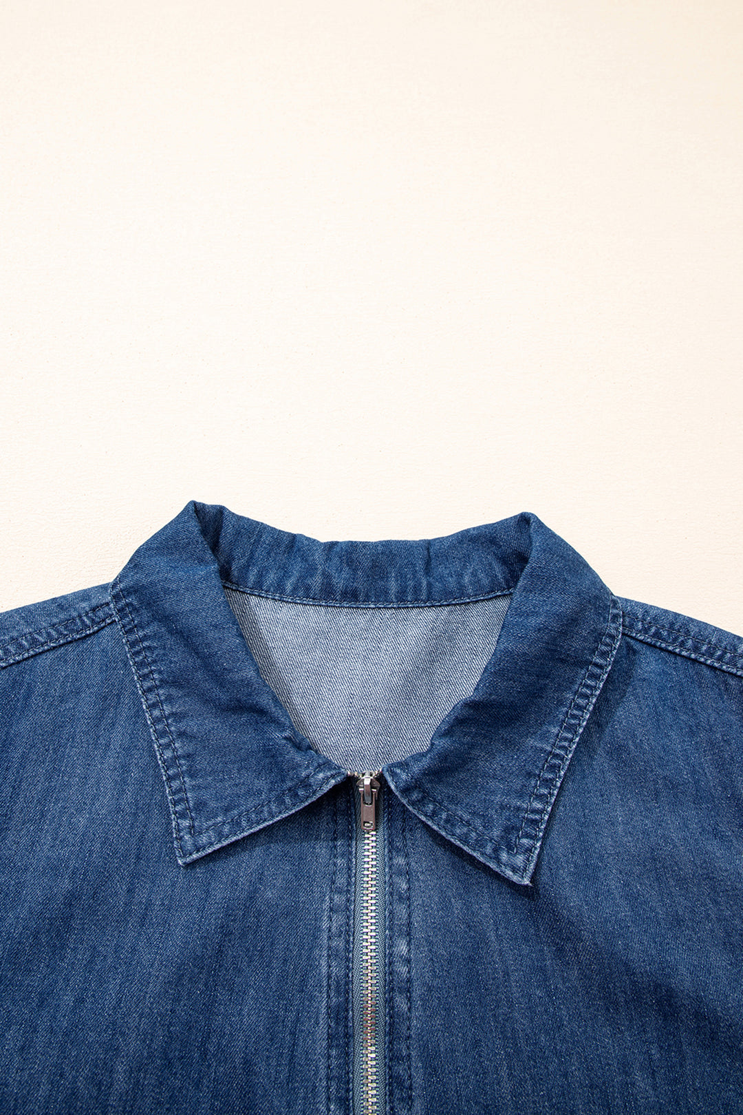 Blue Zip up Collared Short Sleeve Shift Mini Denim Dress