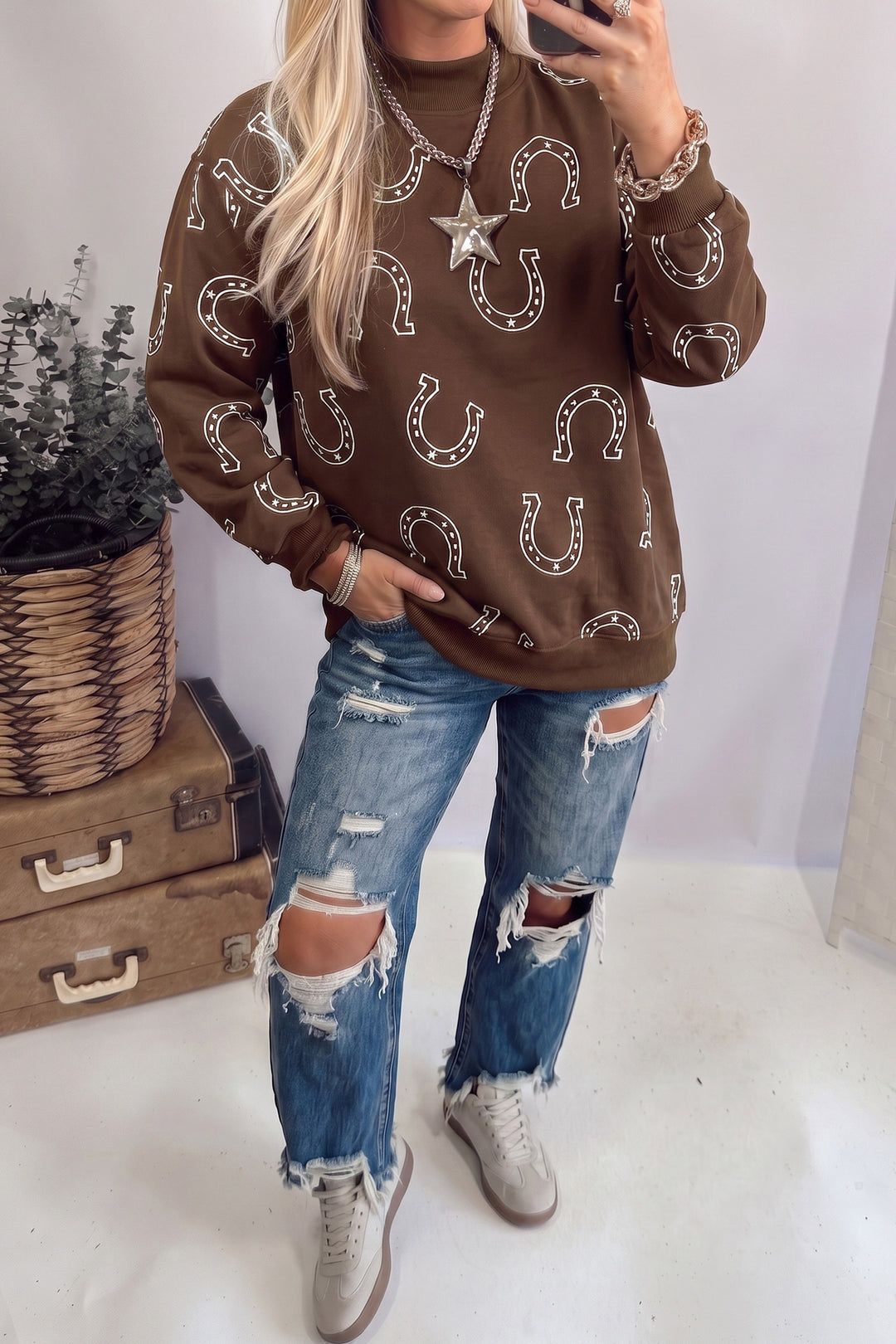 Blue Western Horseshoe Print Mock Neck Casual Pullover Sweatshirt