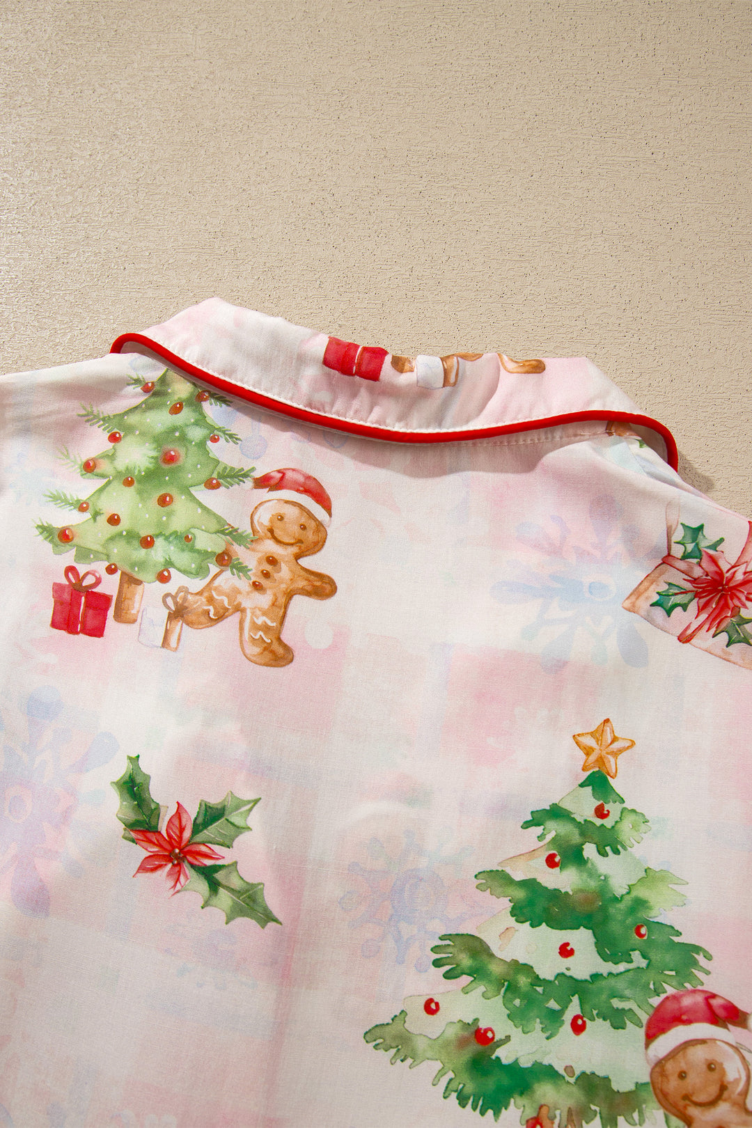 Pink Abstract Christmas Print Long Sleeve Two Piece Shift Lounge Set