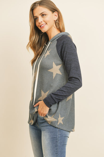 Brushed Hacci Sleeve Rib Detail Star Print Hoodie With Drawstring