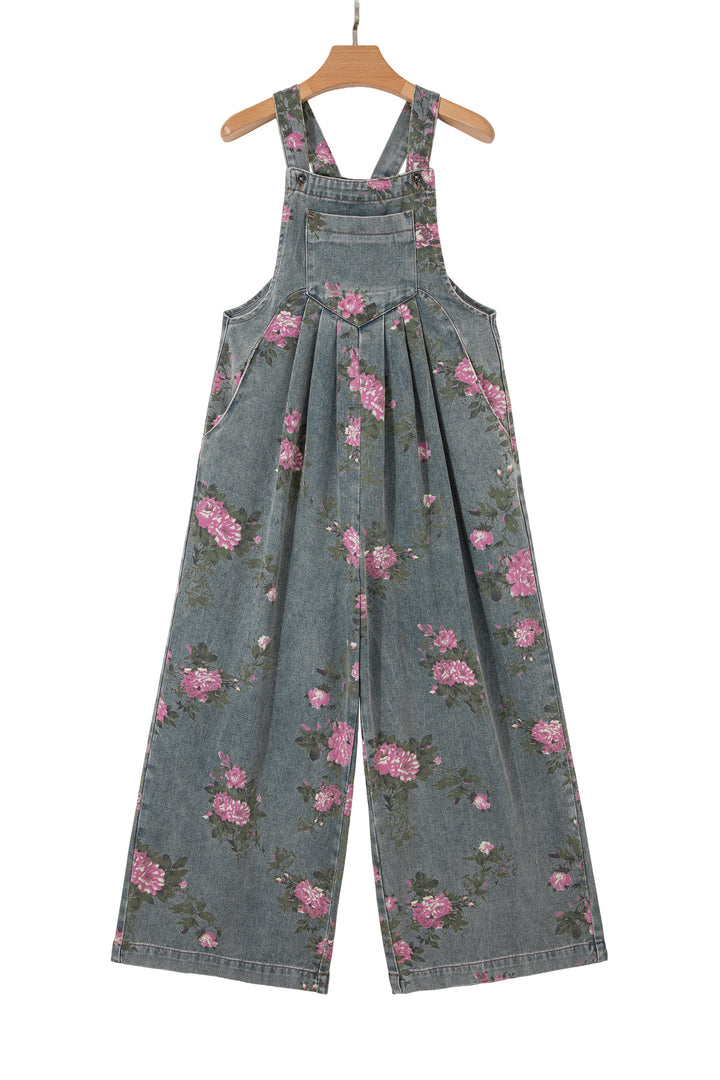 Blue Beau Floral Print Pleated High Waist Wide Leg Denim Jumpsuit
