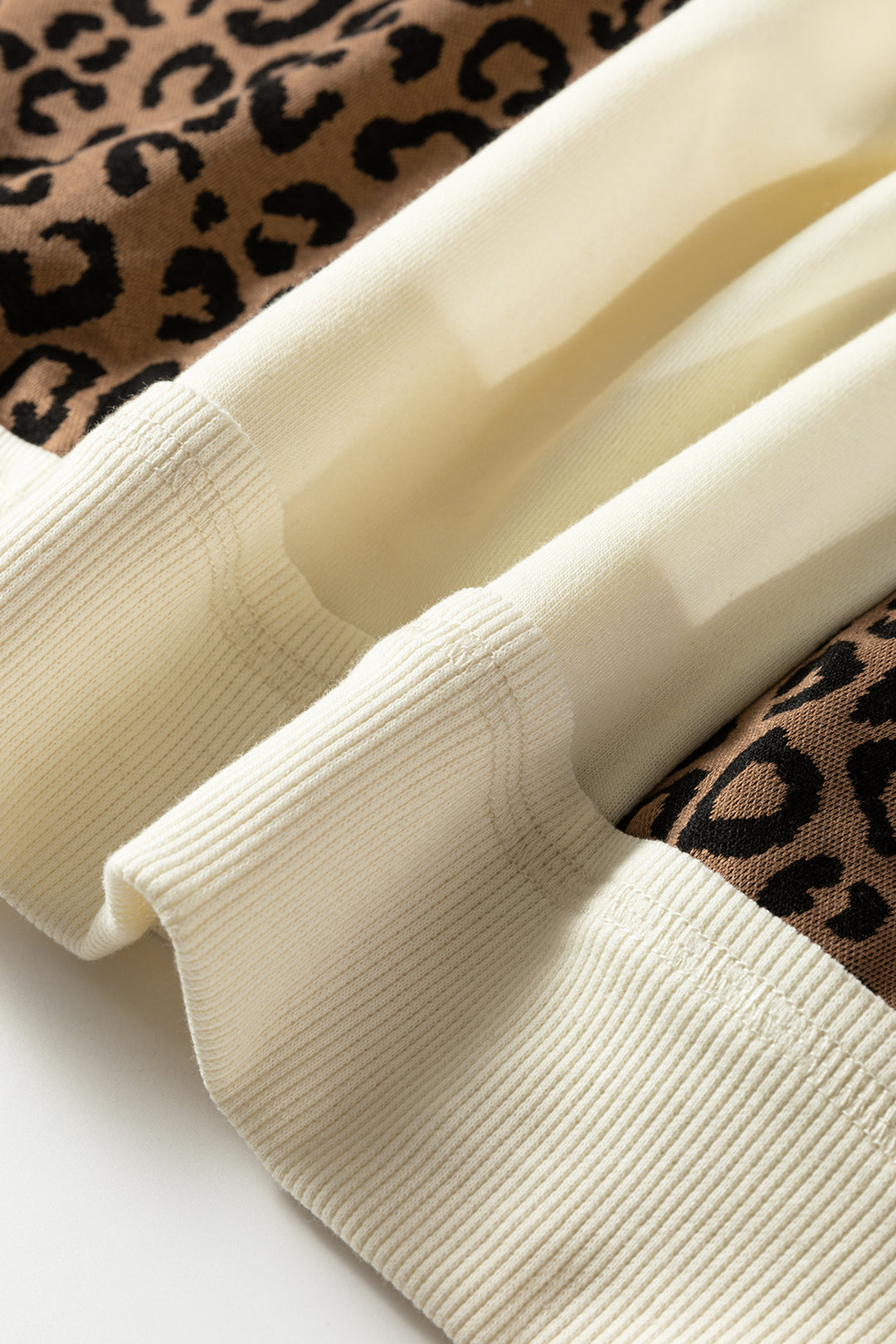 Beige Raw Seam Color Block Leopard Patchwork Baggy Long Sleeve Top