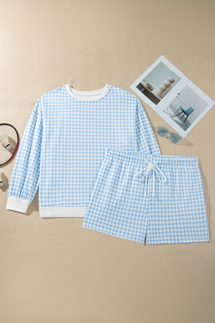 Sky Blue Gingham Loose Pullover Top Drawstring Shorts Plus Size Set