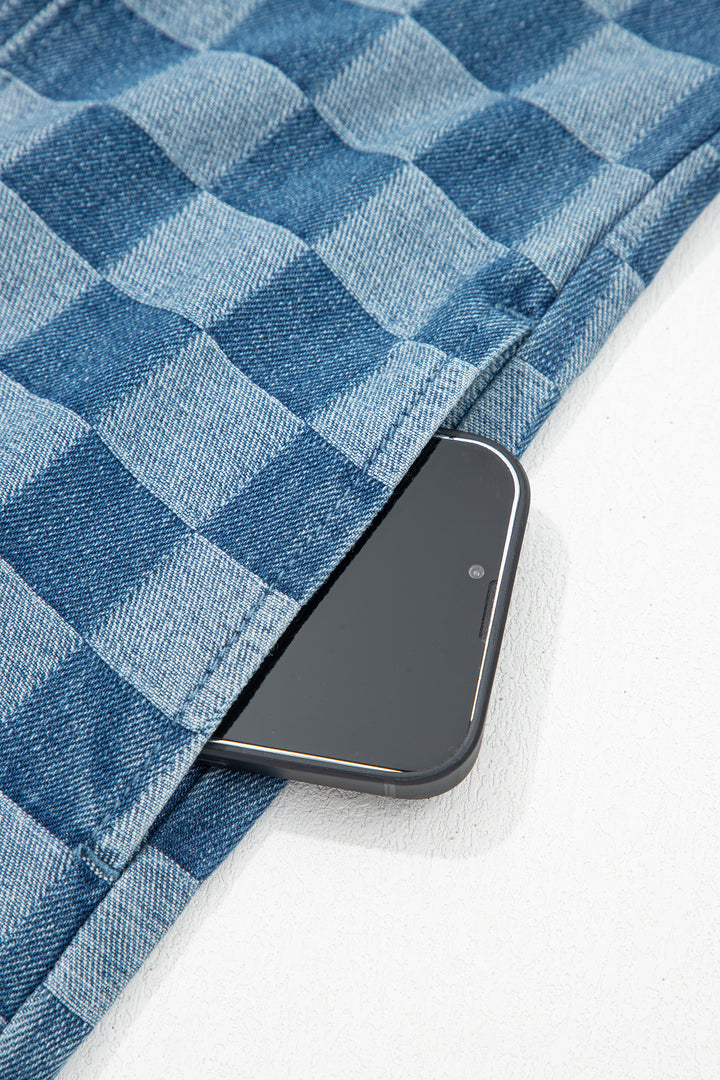 Sky Blue Frayed Hem Checkered Denim Mini Dress