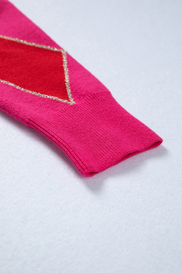 Rose Red Glitter Rhombus Pattern Knit Womens Casual Sweater