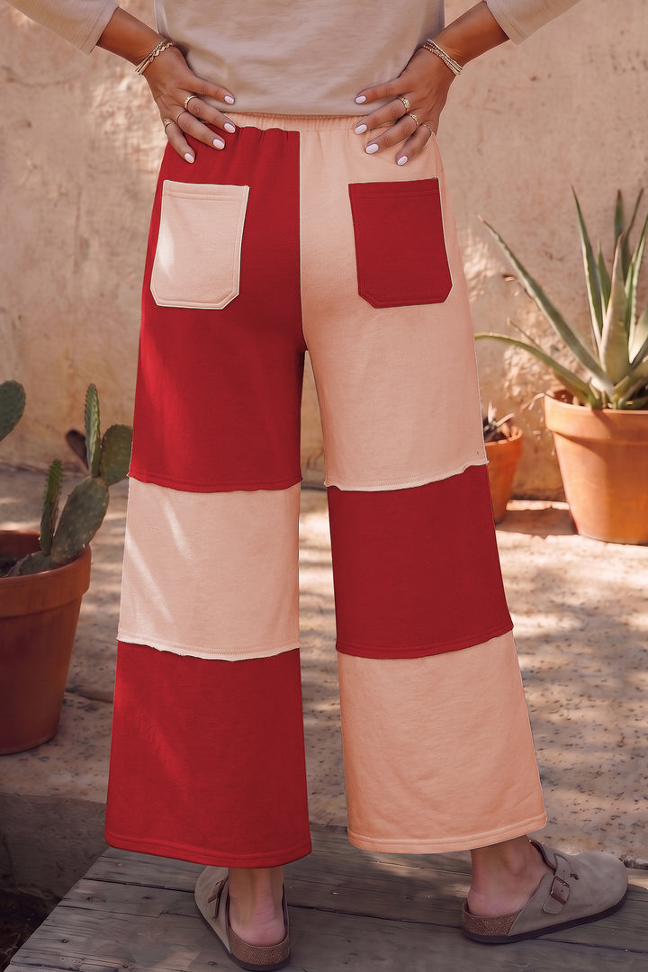 Russet Orange Raw Seam Colorblock Wide Leg Ankle Length Casual Pants