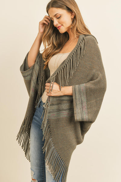 Fringe Stripe Open Front Kimono