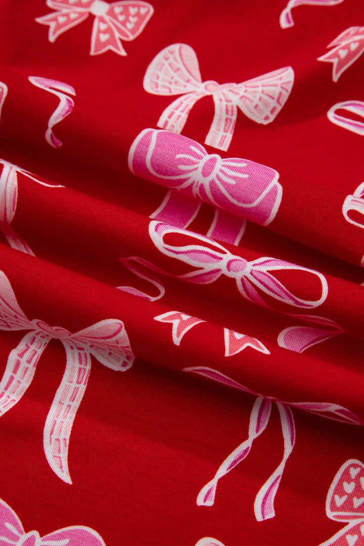 Red Sweet Bow Print Shirt Style Top Long 2pcs Pajama Set