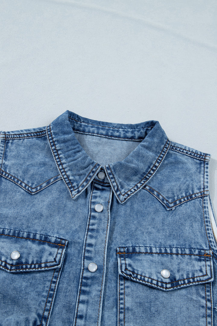 Dusk Blue Buttoned Front Collared Denim Sleeveless Top