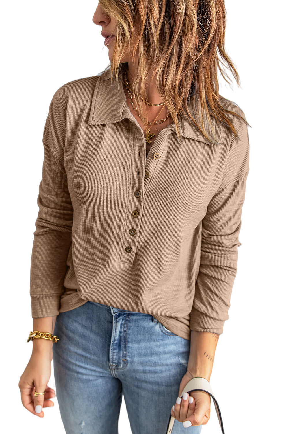 Khaki Button Front Turn-down Neck Knit Top