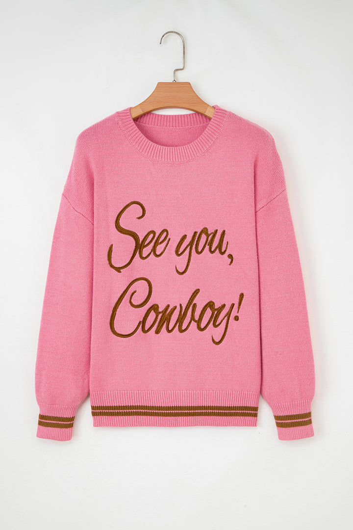 Light Grey See You Cowboy Embroidered Western Graphic Sweater