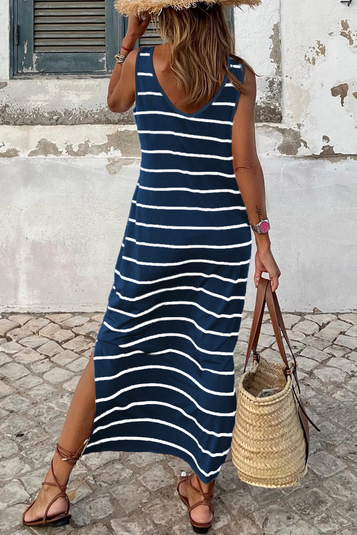 Blue Gray Stripe Print Open Back Sleeveless Maxi Dress with Slits
