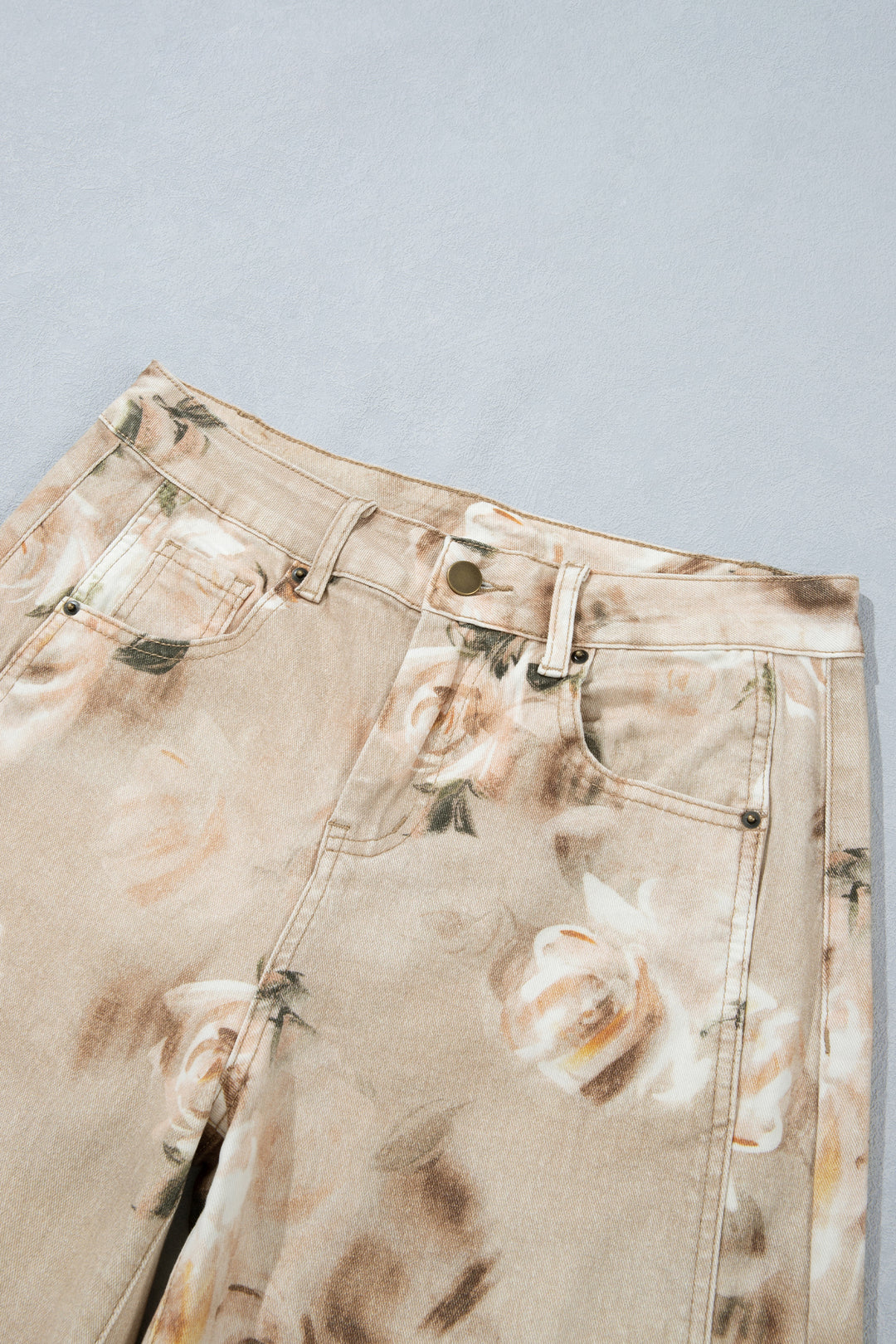 Khaki Retro Floral Print Relaxed Barrel Jeans