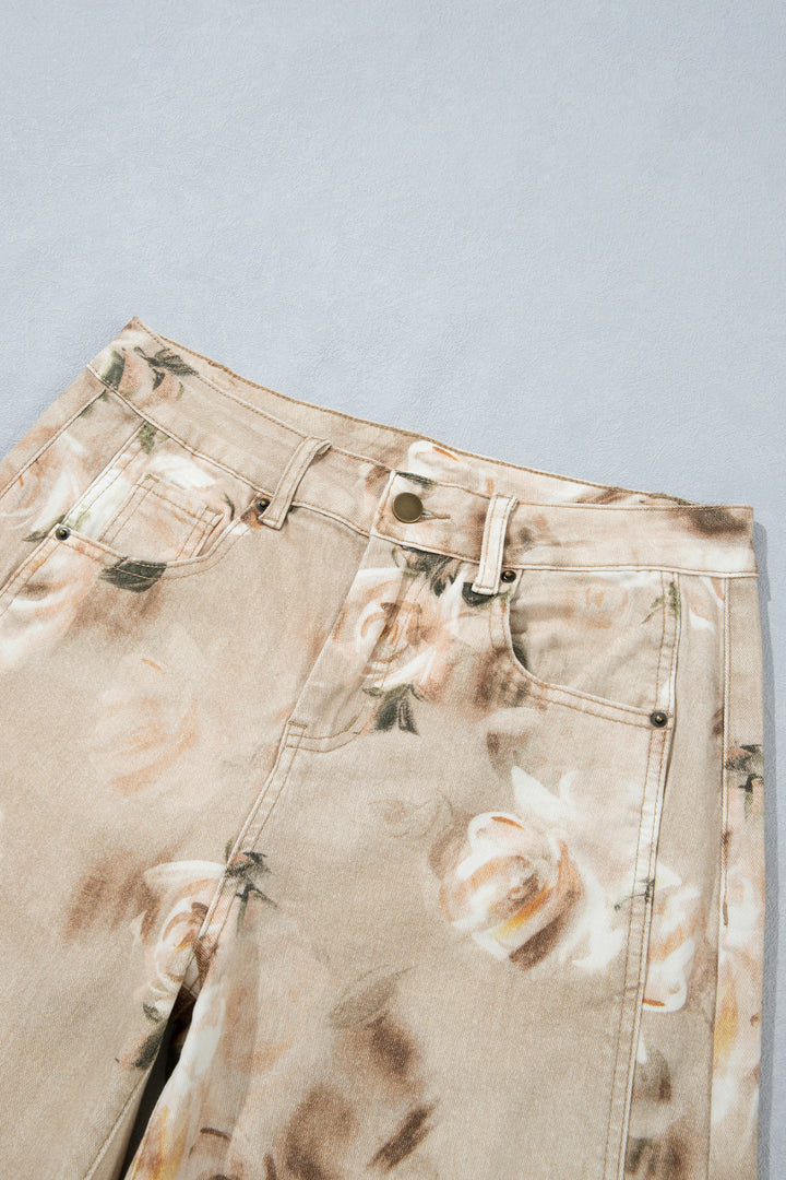 Khaki Retro Floral Print Relaxed Barrel Jeans