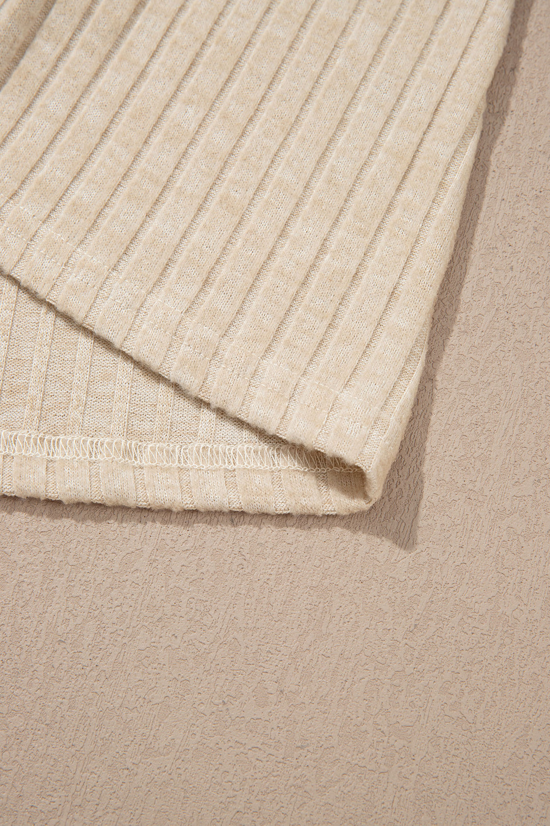 Apricot Solid Color Ribbed Knit Cowl Neck Long Sleeve Top