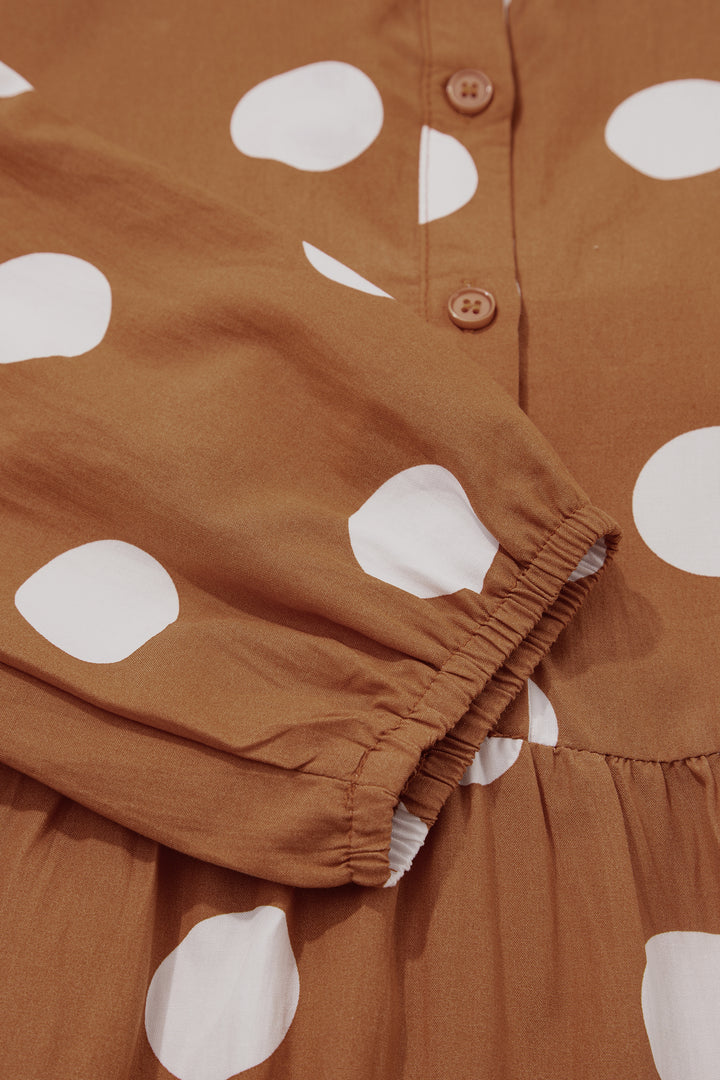 Brown Polka Dot Button Front Long Sleeve Shift Dress