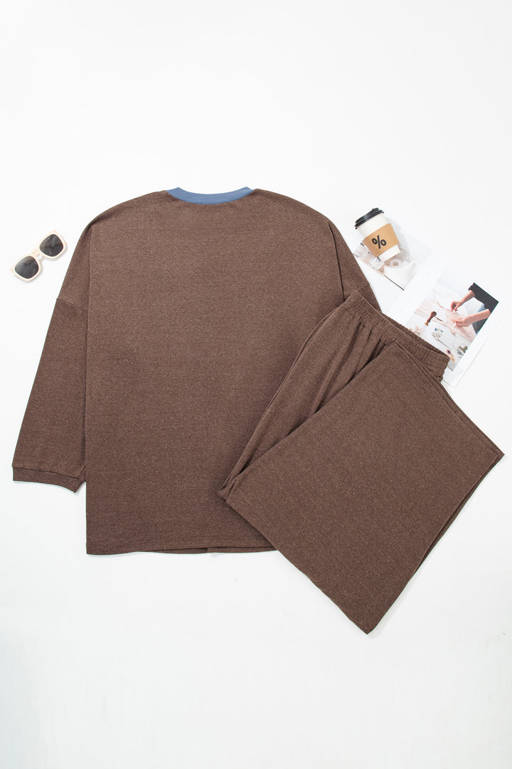Dark Brown Long Sleeve Round Neck Patchwork Colorblock Plus Size Set