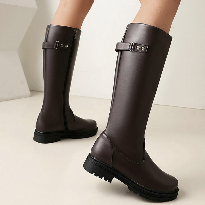 Women’s Retro British-Style Riding Boots – Leather Belt Buckle Knee Boots