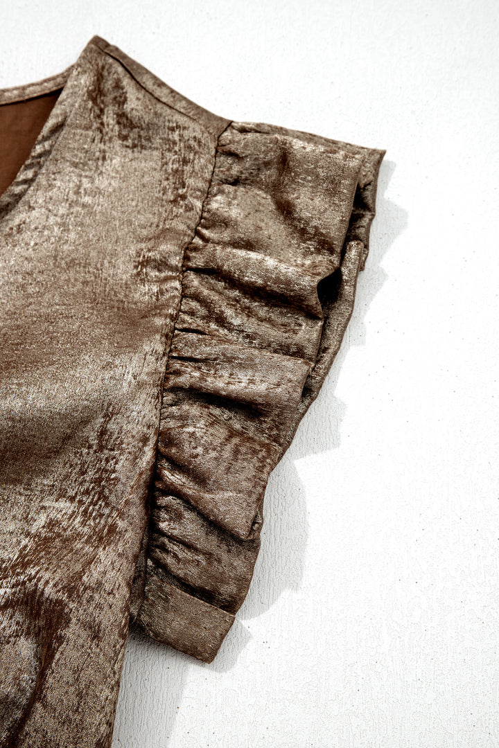 Gold Metallic Round Neck Ruffle Trim Sleeveless Top