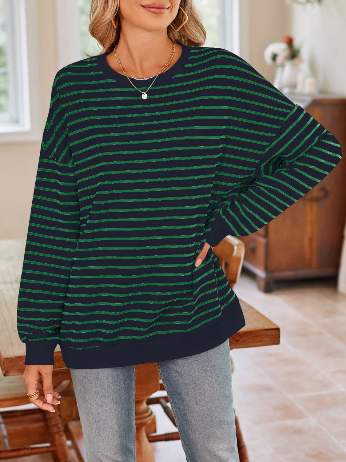 Lovelet Striped Round Neck Long Sleeve Sweatshirt