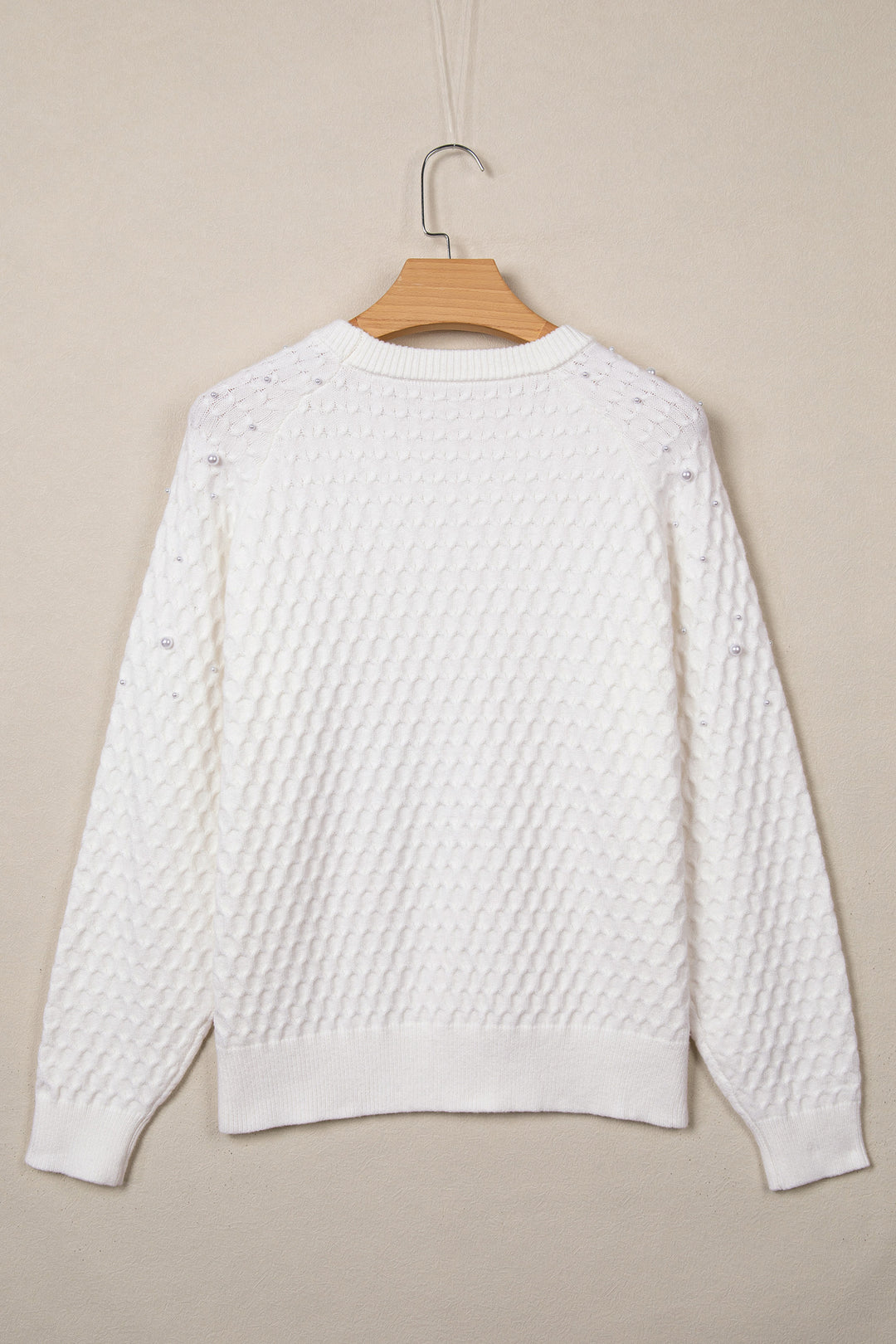 White Solid Textured Knit Pearl Embellished Pullover Sweater