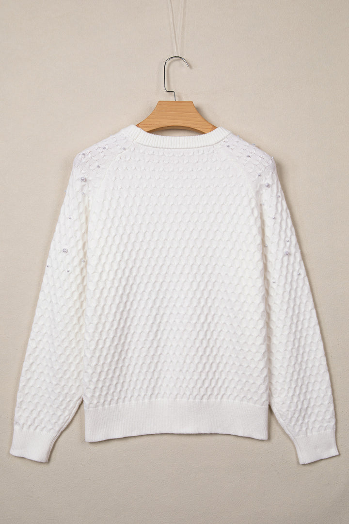 White Solid Textured Knit Pearl Embellished Pullover Sweater