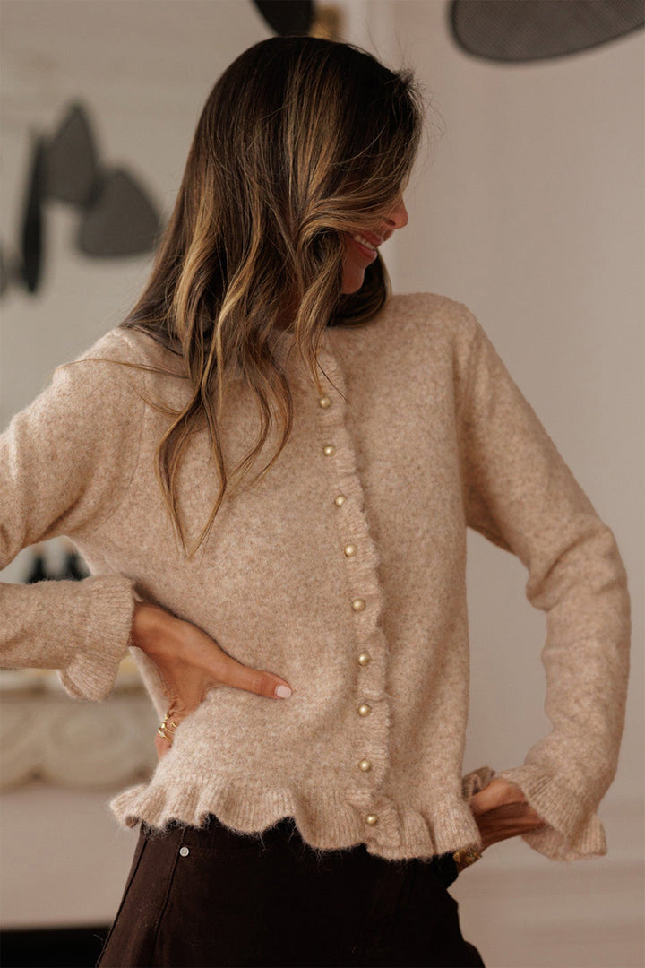 Oatmeal Ruffle Trim Gold Button Sweater Cardigan
