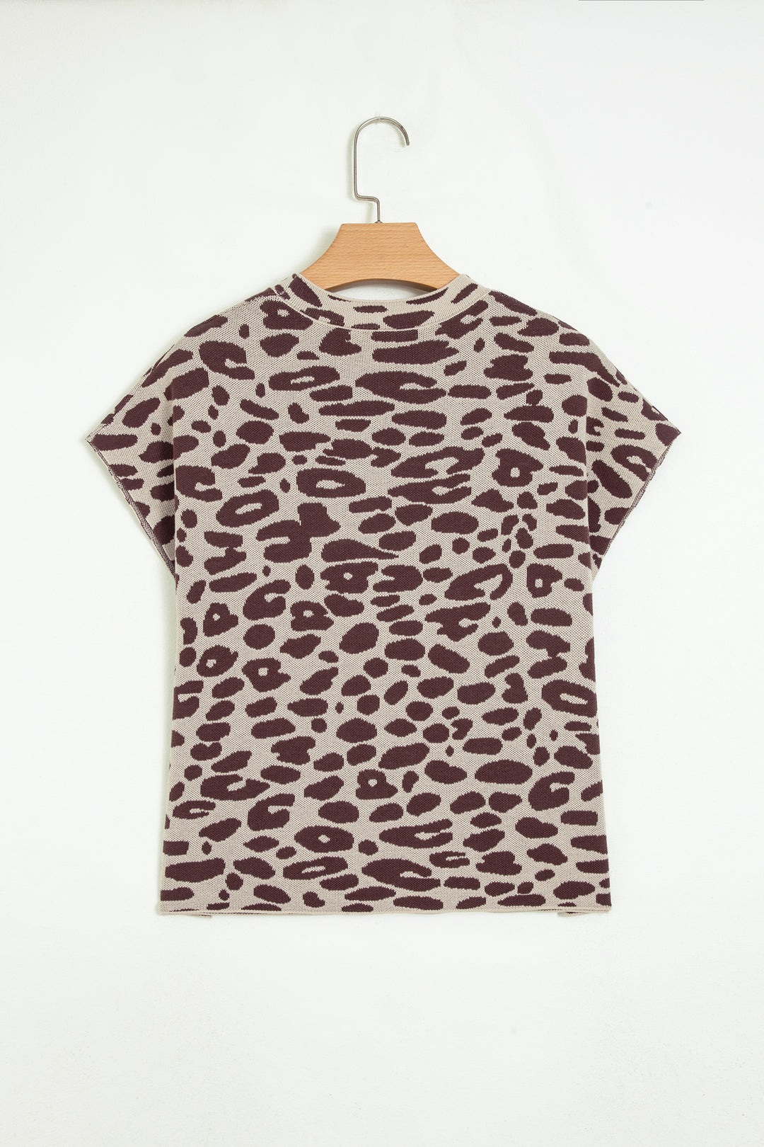Khaki Leopard Print Short Sleeve Knit Loose Pullover Sweater