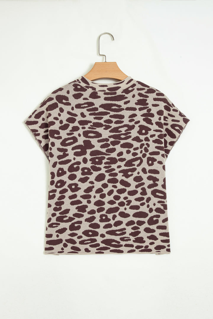 Khaki Leopard Print Short Sleeve Knit Loose Pullover Sweater
