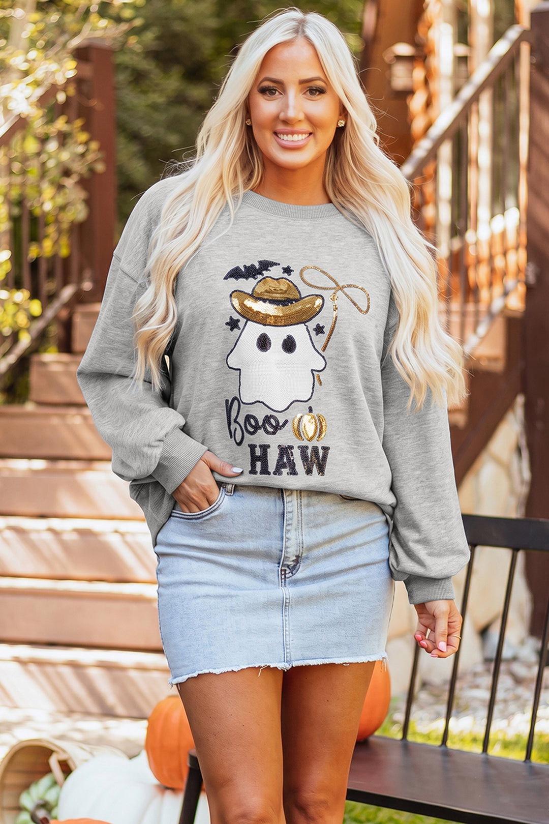 Medium Grey Sequin Western Ghost Print Long Sleeve Round Neck Sweatshirt