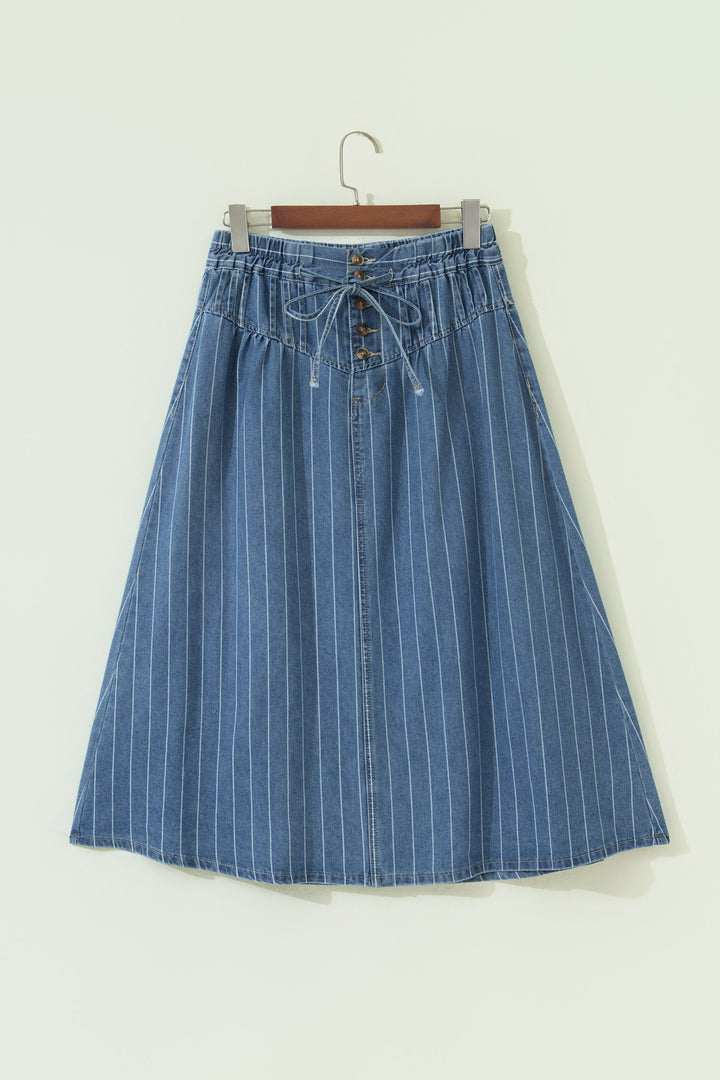 Sky Blue Stripe Button Pintuck High Waist Drawstring Denim Midi Skirt