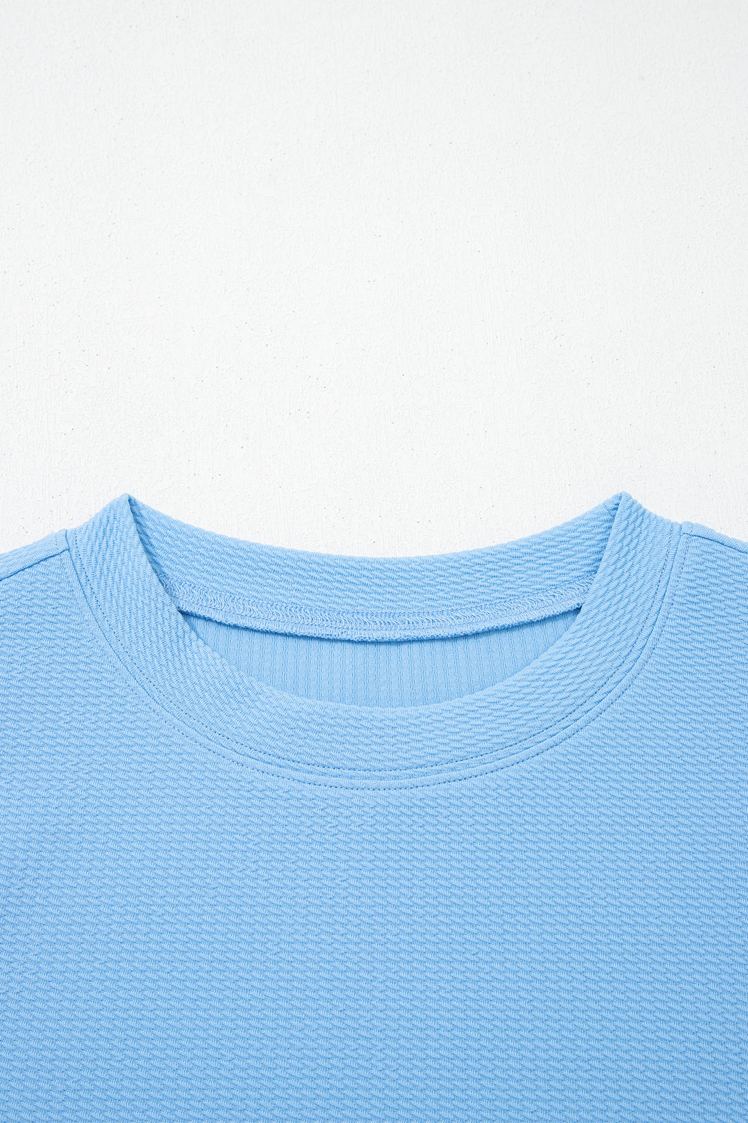 Light Blue Round Neck Textured Contrast Floral Bubble Sleeve Blouse