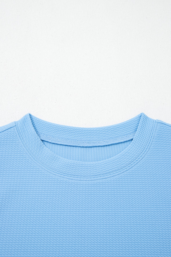 Light Blue Round Neck Textured Contrast Floral Bubble Sleeve Blouse