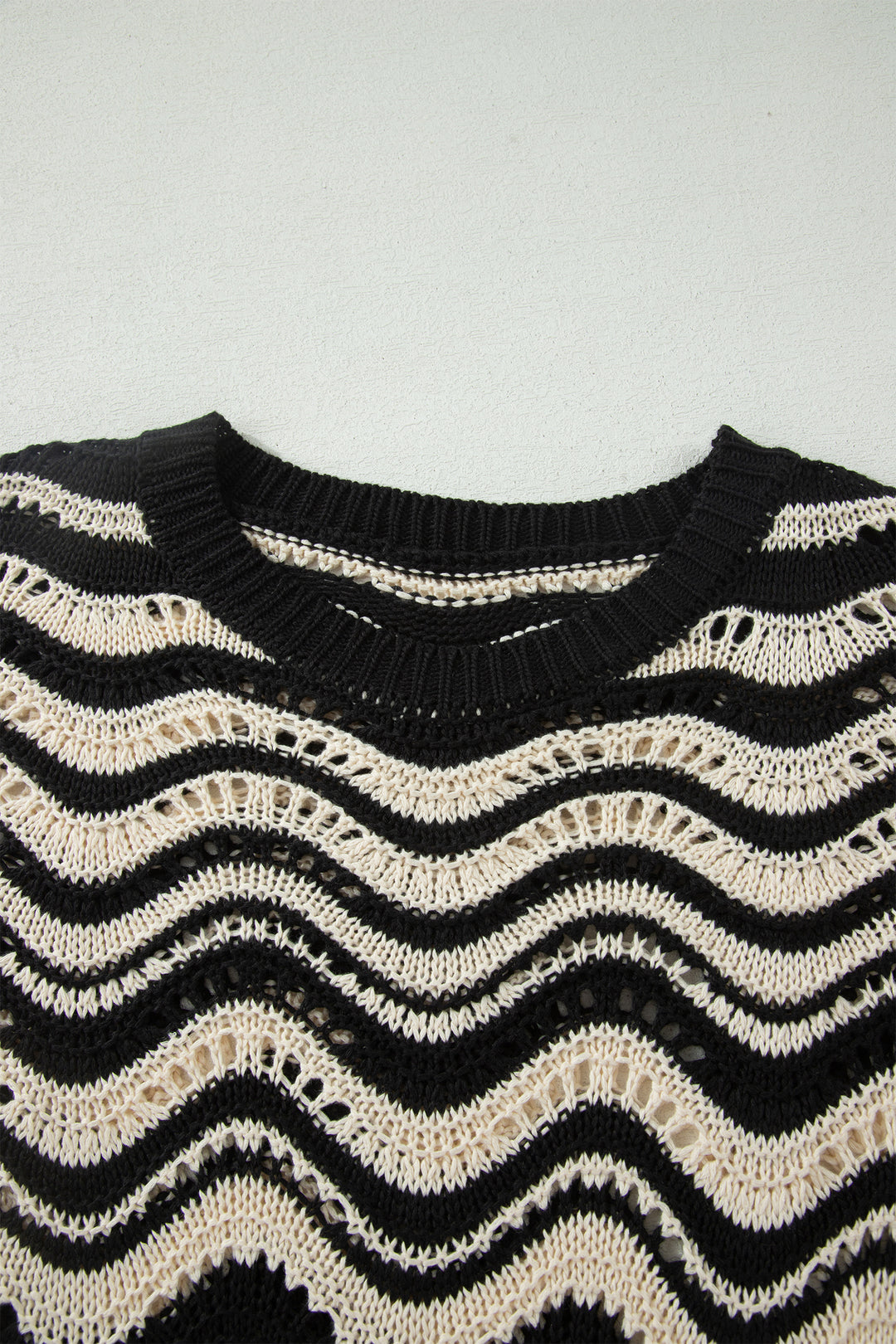 Beige Stripe Wavy Crochet Eyelet Detail Ruffle Half Sleeve Sweater