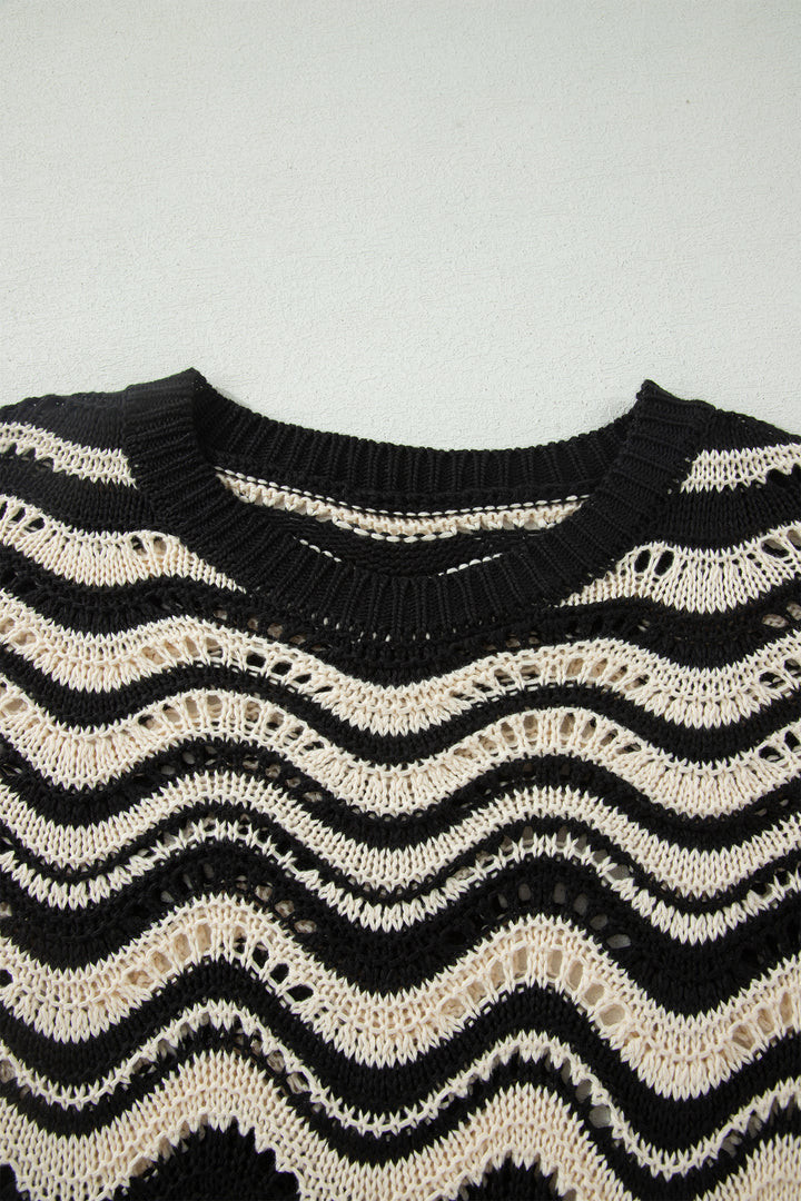 Beige Stripe Wavy Crochet Eyelet Detail Ruffle Half Sleeve Sweater