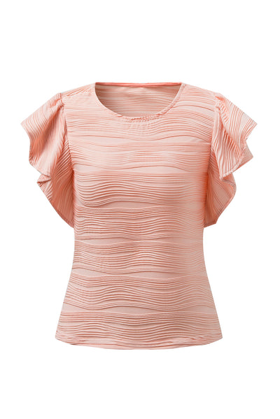 Apricot Pink Wavy Textured Ruffle Sleeve Top