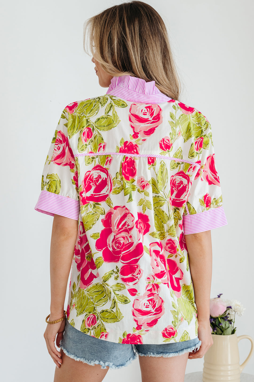 Pink Flower Print Striped Trim Frilled Collar Short Sleeve Shirt
