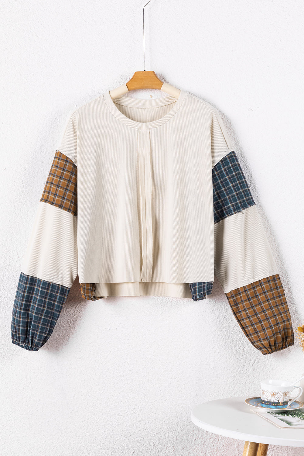 Smoke Gray Plaid Patchwork Raw Seam Long Sleeve Top