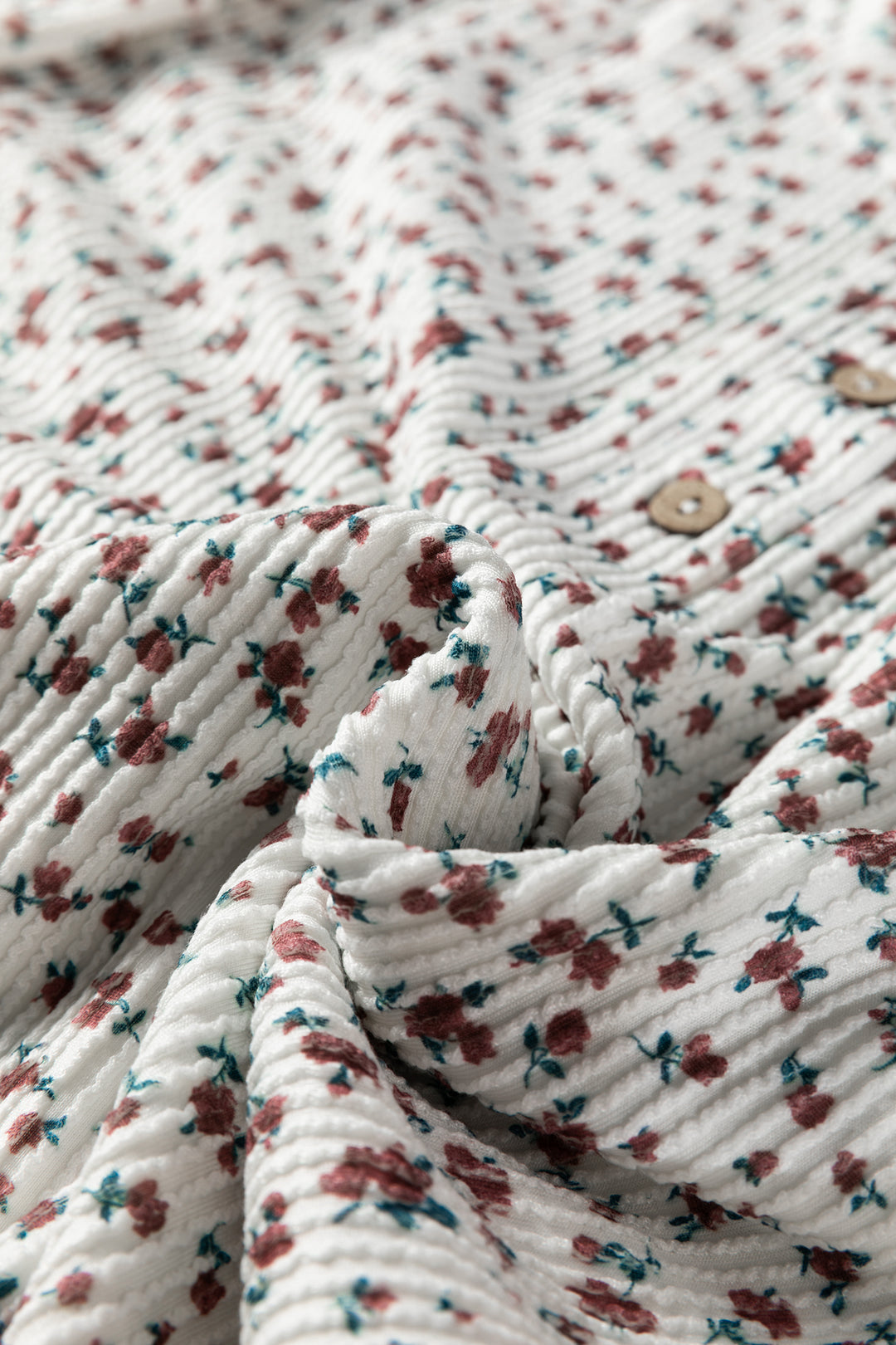 White Spiral Ribbed Floral Print Long Sleeve Henley Top Drawstring Short Set