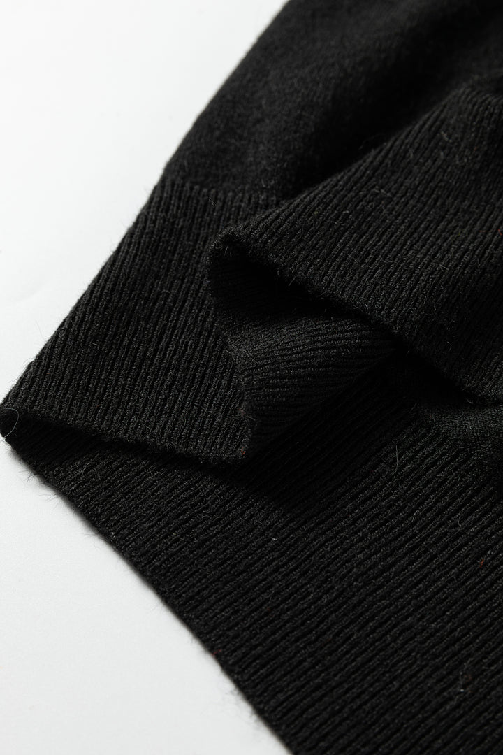 Black Contrast Striped Trim V Neck Varsity Sweater