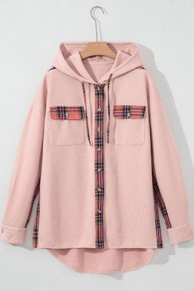 Waffle Knit Plaid Patchwork Drawstring Hooded Shacket