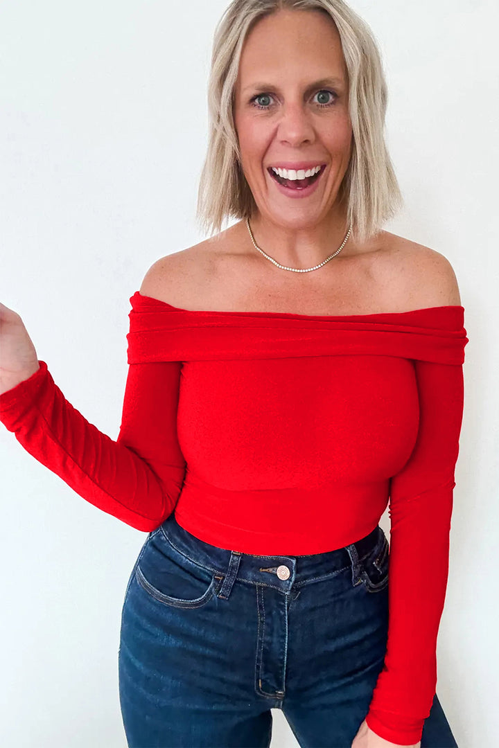 Fiery Red Foldover Off Shoulder Long Sleeve Slim Top
