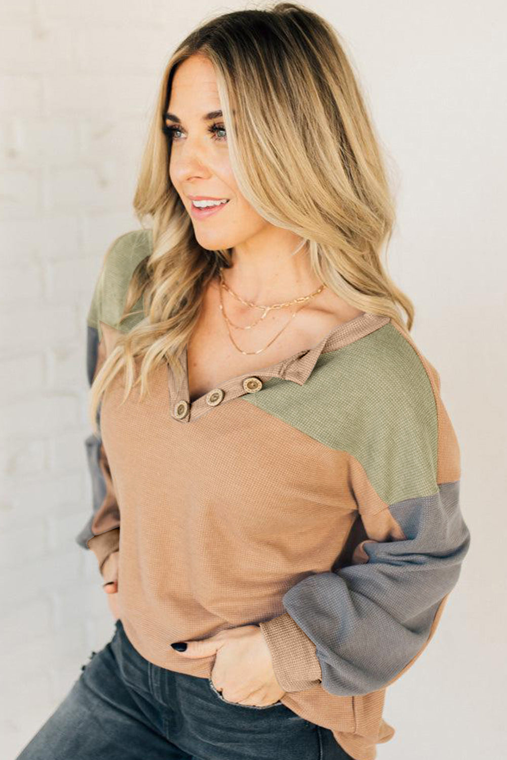 Buckskin Color Block Thermal Textured Knit Drop Shoulder Henley Top