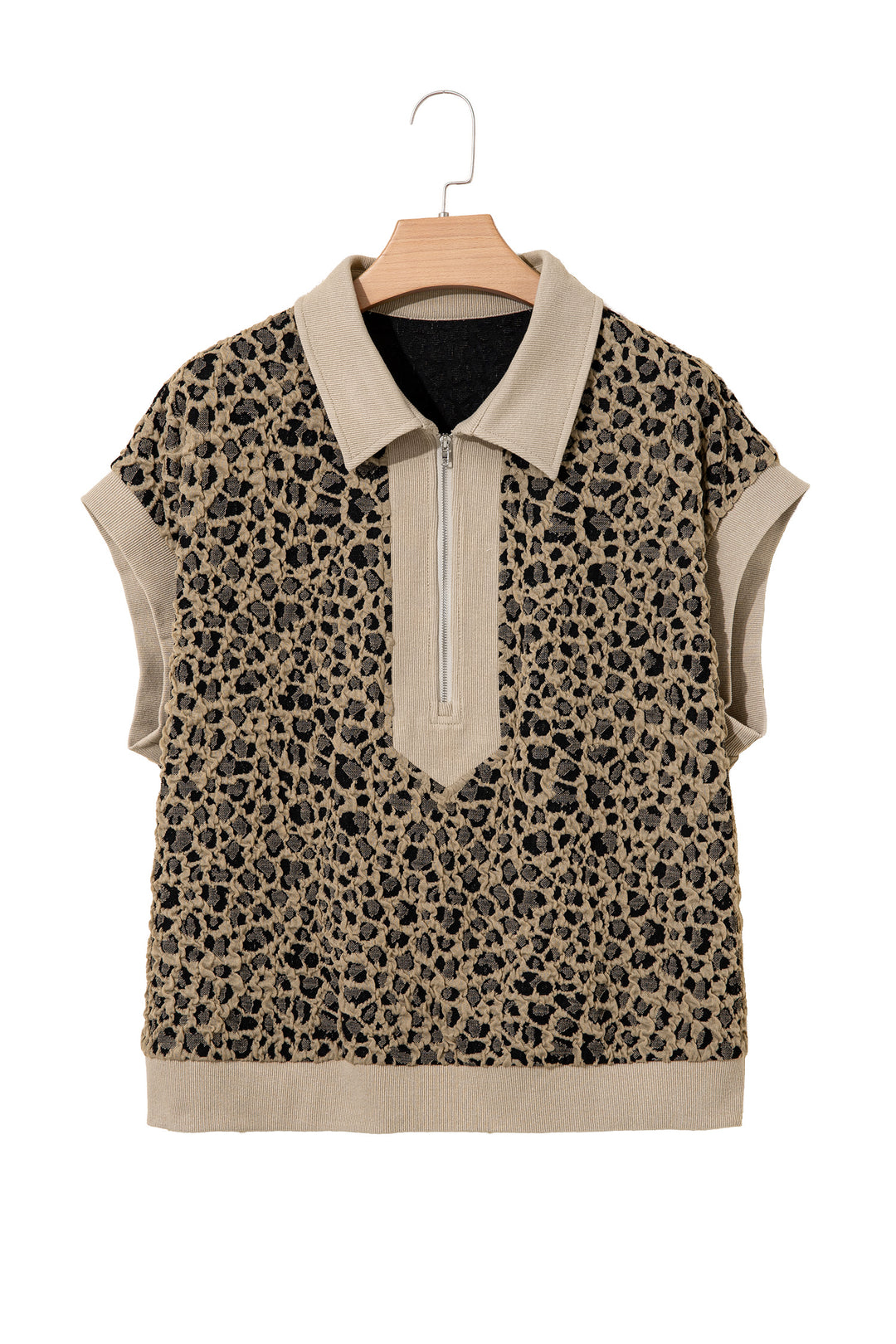 Beige Ribbed Patchwork Collar Cuffed Sleeve Leopard Plus Top