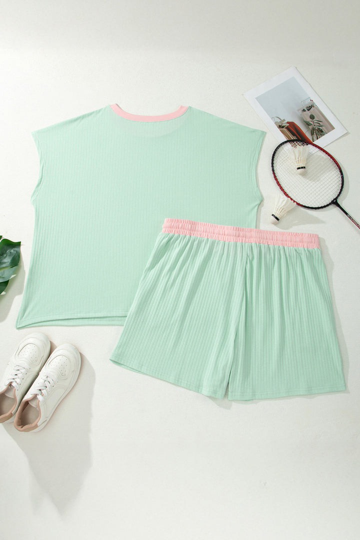 Yellow Cream Plus Size Ribbed Color Block Trim Drawstring Shorts 2pcs Set